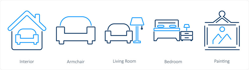 A set of 5 Home Interior icons as interior, armchair, living room