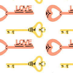 golden modern keys with lettering love pattern. Vector illustration isolated. Can used for wrapping paper for different holidays, Valentine day, love day, mom day. 