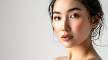 Fototapeta premium Beautiful young asian woman with clean fresh skin on white background, Face care, Facial treatment, Cosmetology, beauty and spa, Asian woman portrait
