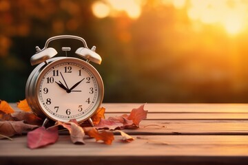 Clock Alarm on a wooden table outdoors at sunset