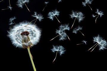 dandelion weed seeds blowing against black background
