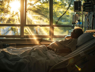 Fototapeta na wymiar patient on the bed of a hospital sunlight cancer awareness, Generative AI