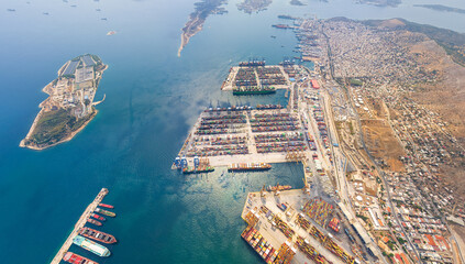 Athens, Greece. Cargo port with containers. Summer. Aerial view - obrazy, fototapety, plakaty