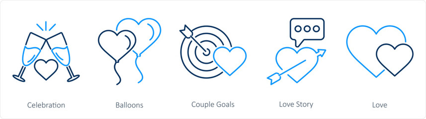 A set of 5 Honeymoon icons as celebration, balloons, couple goals