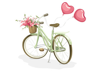 Retro bike with basket of flowers and heart shaped balloons. Postcard with blossoming cherry or apple tree branches and pink balloons, congratulations on Valentine's Day.
