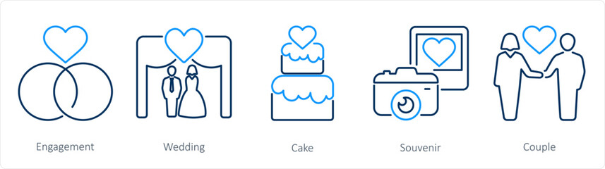 A set of 5 Honeymoon icons as engagement, wedding, cake