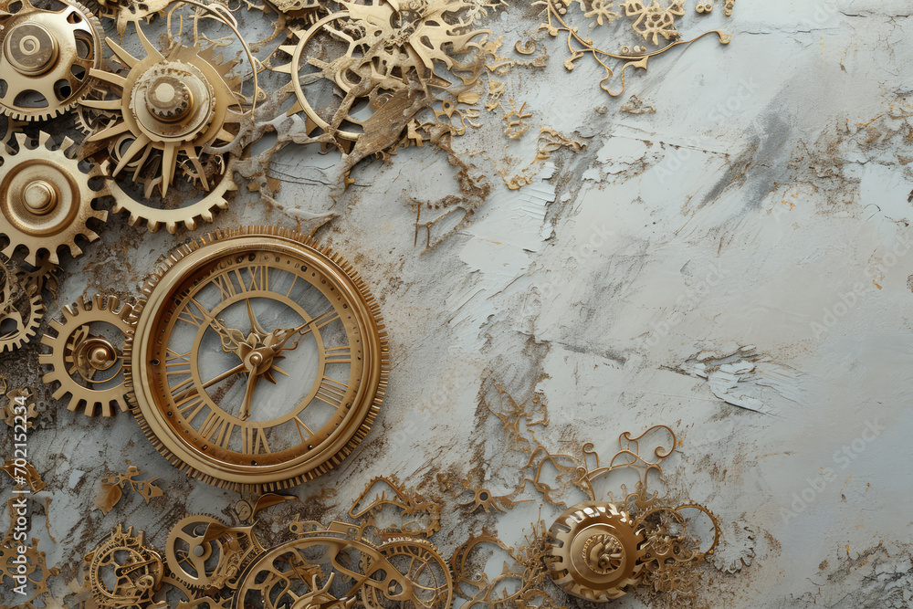 Poster exploring steampunk elements on a light gray background