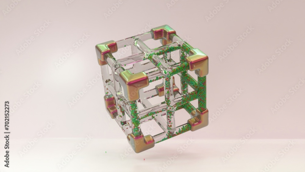 Poster gleaming 3d cube structure rotates, its glassy frame filled with vibrant, dynamic particles.