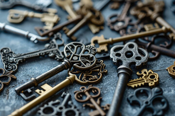 Fototapeta premium Steampunk-Inspired Key Background Against A Gray Setting
