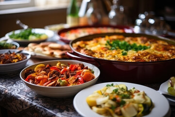 Family Gatherings With Dishes Representing Culinary Traditions Of Different Countries Selective Focus
