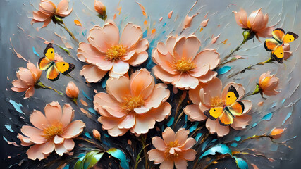 delicate spring flowers painted with oil paints on canvas and colorful butterflies in peach tones