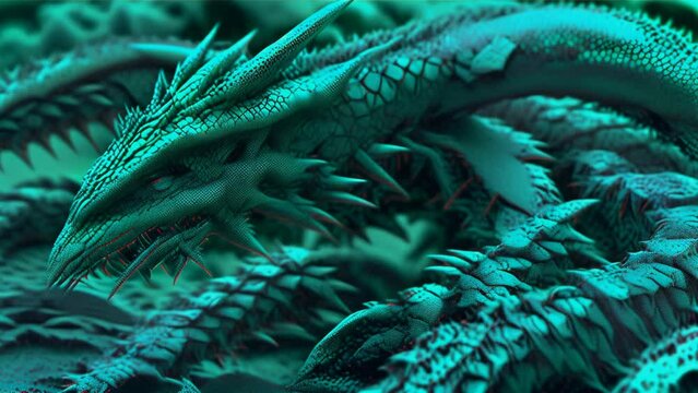 A dynamically coiling dragon with vivid blue scales.
