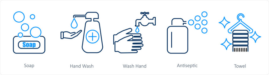 A set of 5 Hygiene icons as soap, hand wash, wash hand