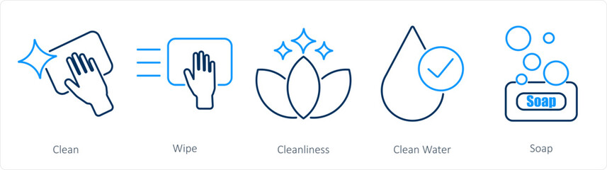 A set of 5 Hygiene icons as clean, wipe, cleanliness