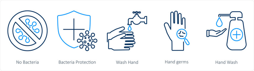 A set of 5 Hygiene icons as no bacteria, bacteria protection, wash hand