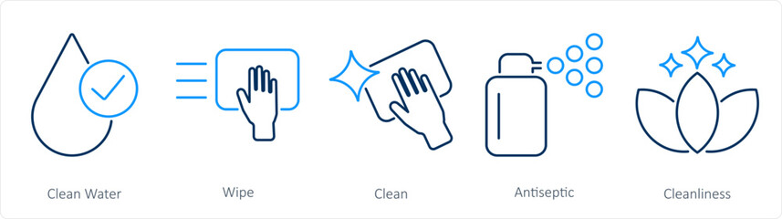 A set of 5 Hygiene icons as clean water, wipe, clean - obrazy, fototapety, plakaty