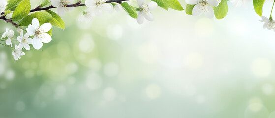 Ultra wide background showing softly lit spring fruit tree branches at sunrise, creative projects