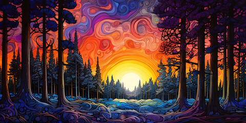 Psychedelic art of pine forest in winter