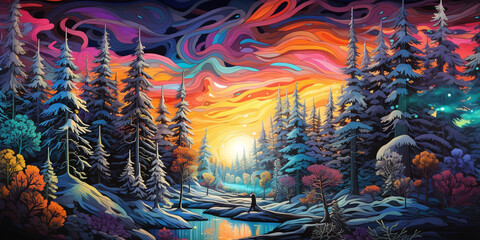 Fototapeta premium Psychedelic art of pine forest in winter