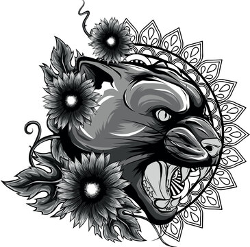 monochromatic illustration of wild cat head in a floral