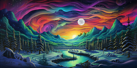 Psychedelic art of pine forest in winter