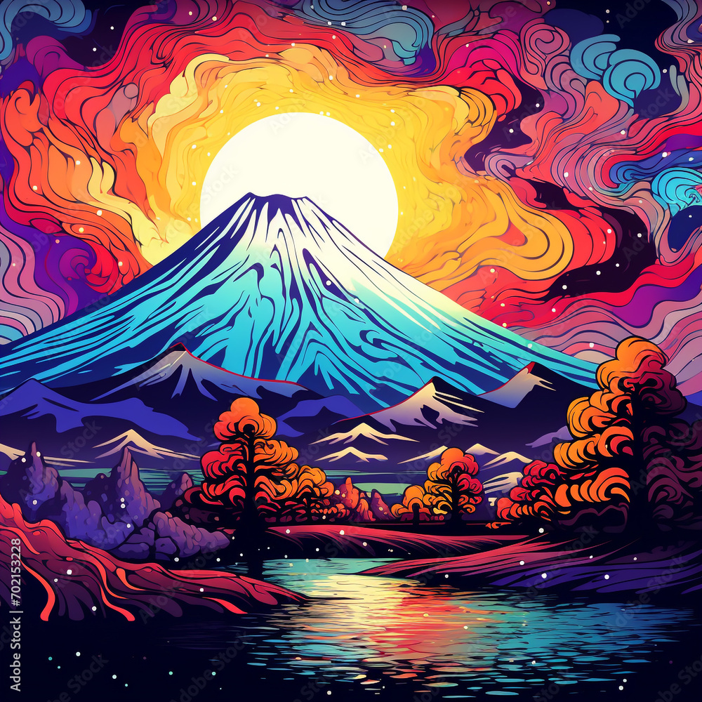 Sticker psychedelic art of mountain with vivid color