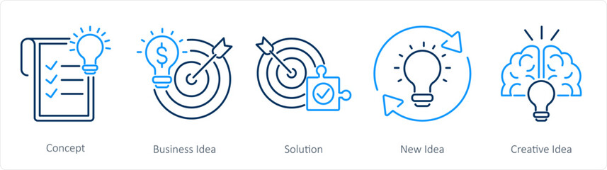 A set of 5 Idea icons as concept, business idea, solution