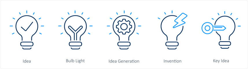 A set of 5 Idea icons as idea, bulb light, idea generation - obrazy, fototapety, plakaty