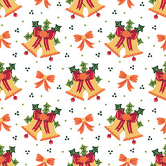 Christmas Bells and Ribbons on White Seamless Pattern Design