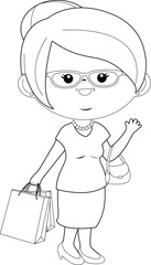 Senior woman with shopping bags. Old lady with paper shopping bags. Vector black and white coloring page.