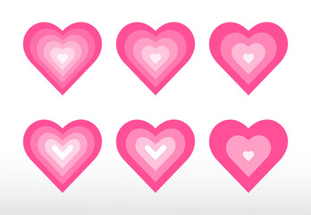 Romantic concentric hearts set. Vector tunnel romantic hearts in pink colors