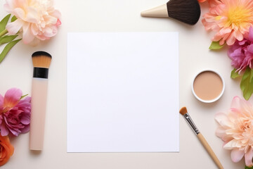 Obraz na płótnie Canvas Graphic resources, hobbies and leisure concept. Top view of blank white paper sheet with copy space surrounded with flowers, brushes and paints