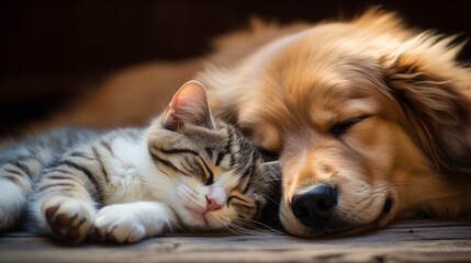 Naklejka na ściany i meble cat and dog cuddling together . Cute image symbolizes friendship