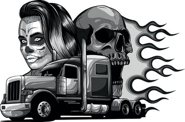 monochromatic American Truck with woman and skulls