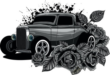 monochromatic illustration of hot rod car with roses