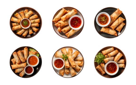 Collection plate of spring rolls with dipping sauce isolated on a transparent background, top view