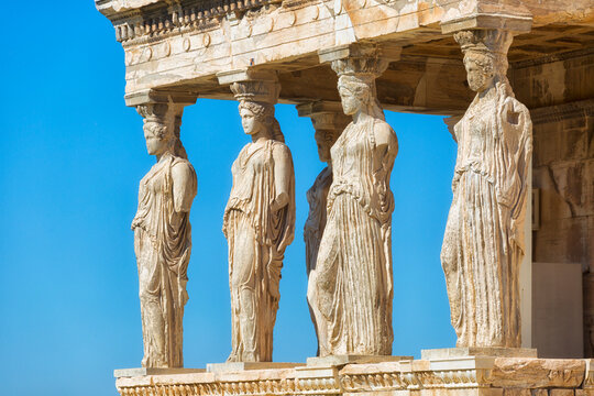 View on ancient temple Erechteion in Acropolis close up, Athens, Greece