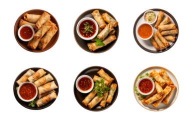 Collection plate of spring rolls with dipping sauce isolated on a transparent background, top view