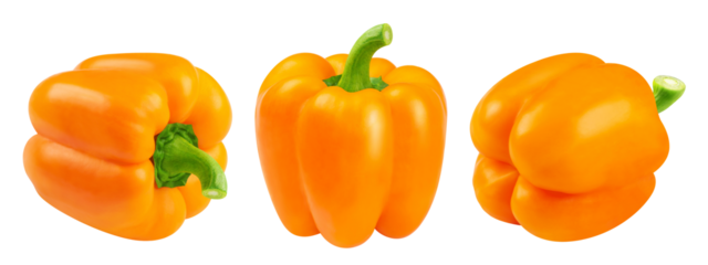 Pepper isolated set. Collection of orange peppers from different angles on a transparent background.