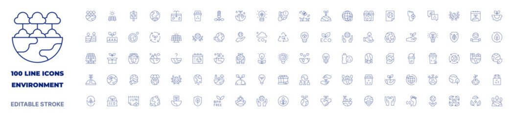 100 icons Environment collection. Thin line icon. Editable stroke. Environment icons for web and mobile app. - obrazy, fototapety, plakaty