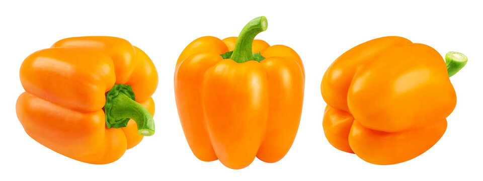 Pepper isolated set. Collection of orange peppers from different angles on a transparent background.