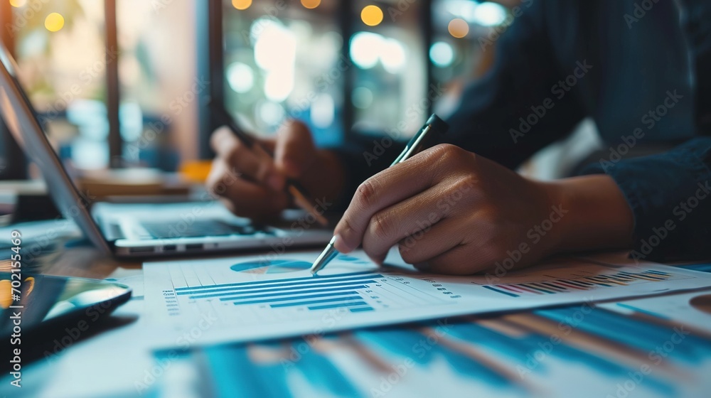 Poster businessman analyzing and discussing and brainstorming chart data. financial report graph in the off