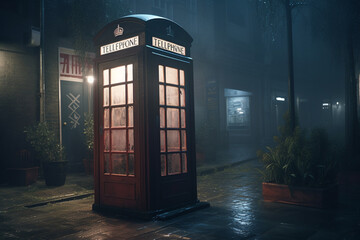 night telephone booth. mystical and mysterious street phone. dangerous place on an empty street. Generative Ai