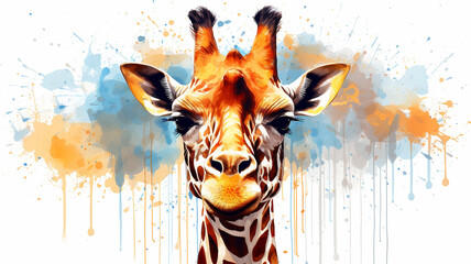 Fototapety  giraffe portrait, watercolor illustration on a white background, liquid paint spots, print for design