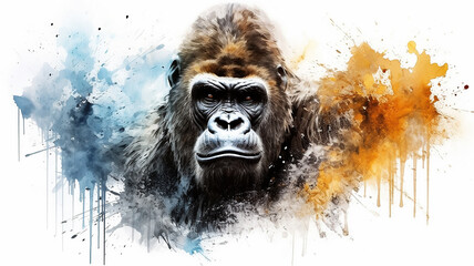 gorilla portrait of a monkey, watercolor illustration on a white background, liquid paint spots, print for design - obrazy, fototapety, plakaty