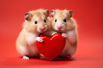 Pair of hamsters with Valentine red heart in front of studio background
