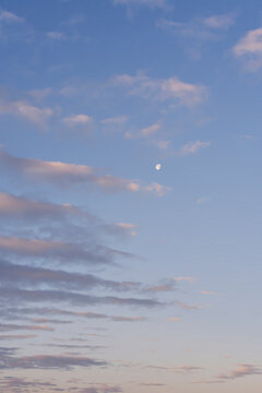 morning moon at dawn. blue sky at dawn with pink clouds and moon