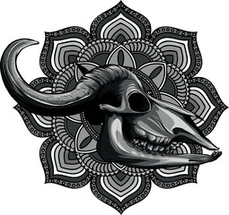 monochromatic illustration of bull skull with mandala decoration