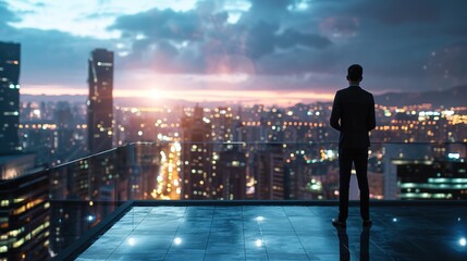 Fototapeta na wymiar Businessman standing on open roof top balcony watching city night view. Business ambition and vision concept 