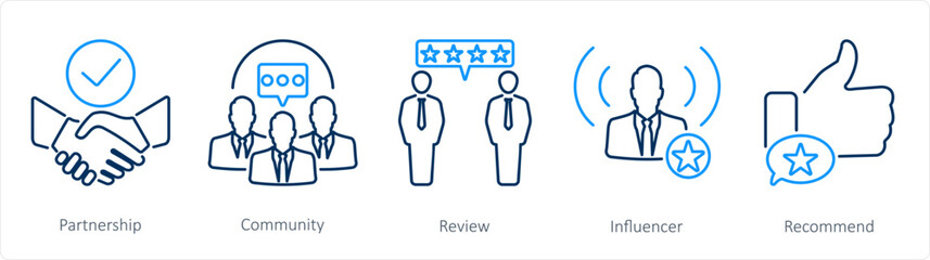 A set of 5 Influencer icons as partnership, community, review